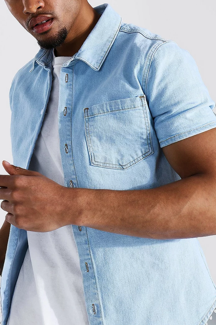 Muscle Fit Short Sleeve Denim Shirt | boohooMAN USA Muscle Fit Short Sleeve Denim Shirt | boohooMAN USA